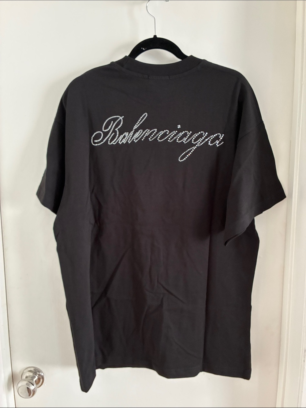 Balenciaga Black Tee with Script Logo in crystals on the back mens size Large